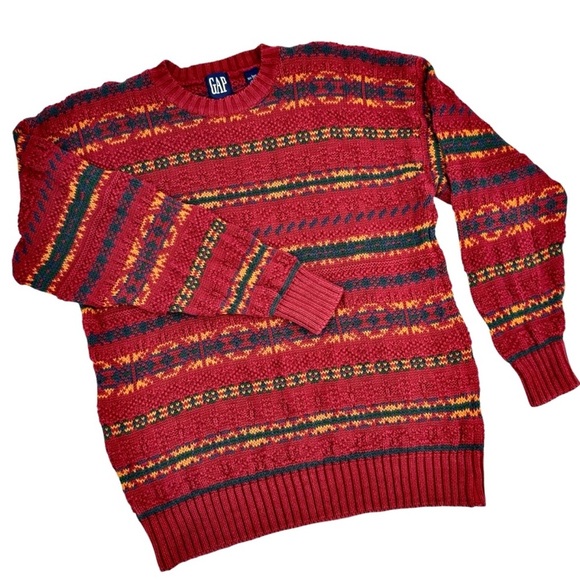 Vintage 90s GAP Grandpa Sweater Dark Pink Fair Isle Stripe Cotton Hong Kong | L - Picture 1 of 7